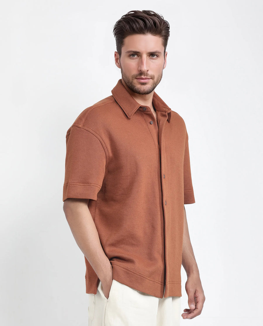 Rare Rabbit Men's Kash Rust Viscose Plain Boxy Fit Half Sleeve Collared Shirt