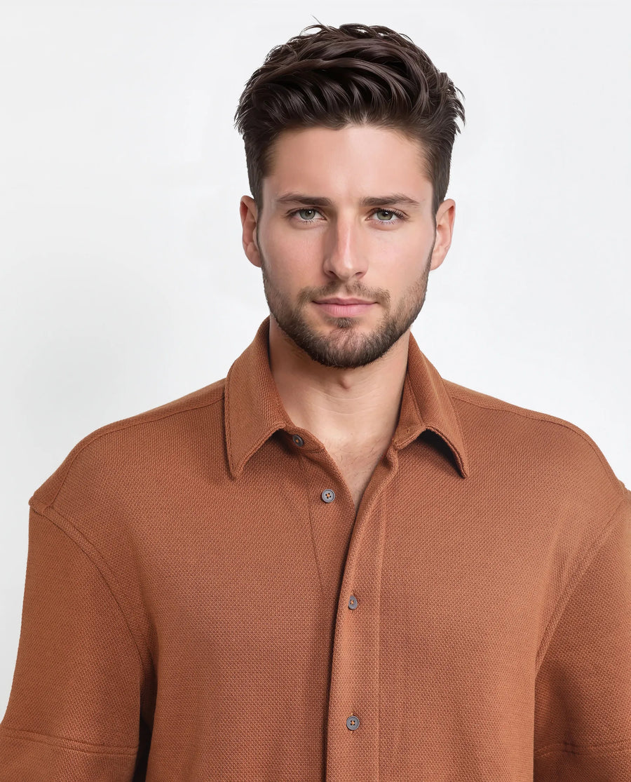 Rare Rabbit Men's Kash Rust Viscose Plain Boxy Fit Half Sleeve Collared Shirt
