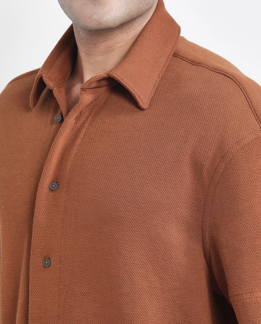 Rare Rabbit Men's Kash Rust Viscose Plain Boxy Fit Half Sleeve Collared Shirt