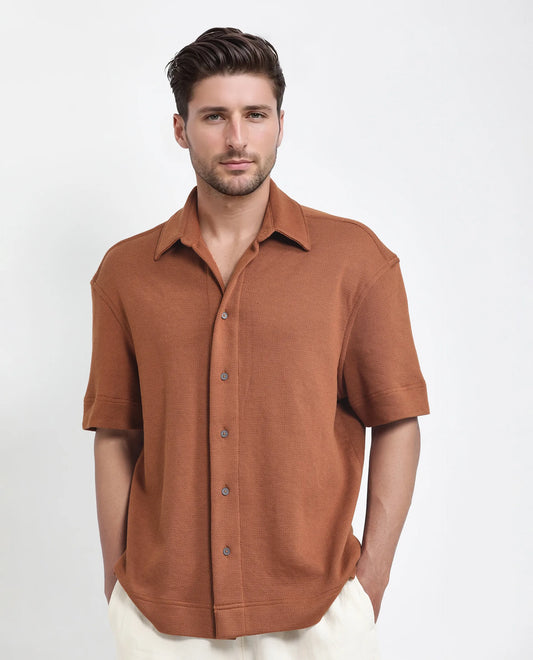 Rare Rabbit Men's Kash Rust Viscose Plain Boxy Fit Half Sleeve Collared Shirt