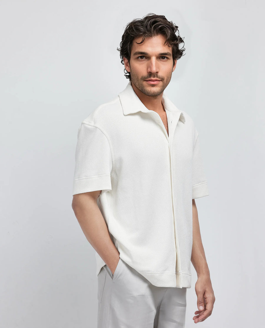 Rare Rabbit Men's Kash White Viscose Plain Boxy Fit Half Sleeve Collared Shirt