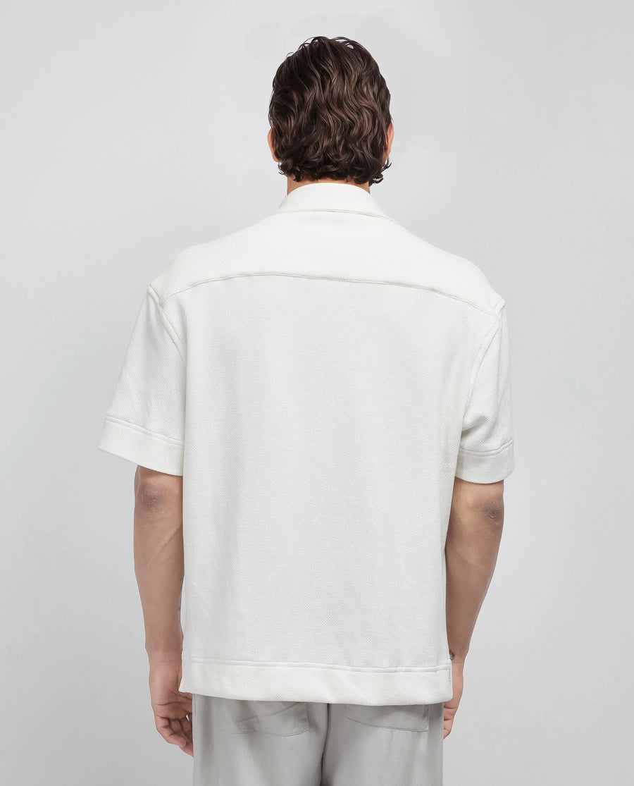Rare Rabbit Men's Kash White Viscose Plain Boxy Fit Half Sleeve Collared Shirt