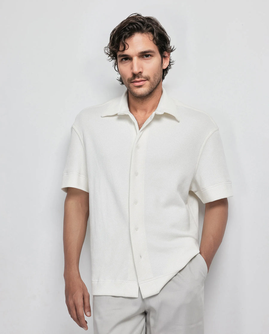 Rare Rabbit Men's Kash White Viscose Plain Boxy Fit Half Sleeve Collared Shirt