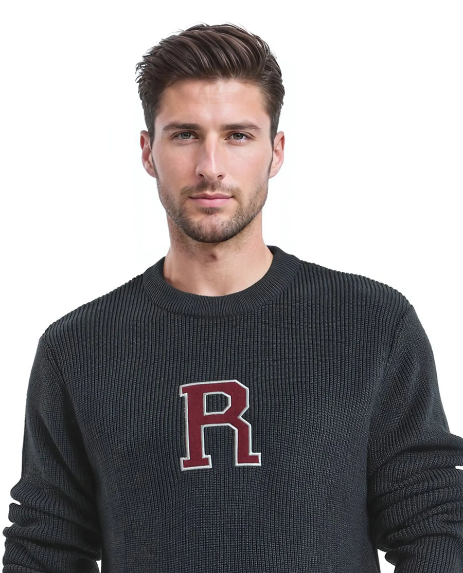 Rare Rabbit Men's Kazu Navy Cotton Applique Print Regular Fit Full Sleeve Crew Neck Sweater