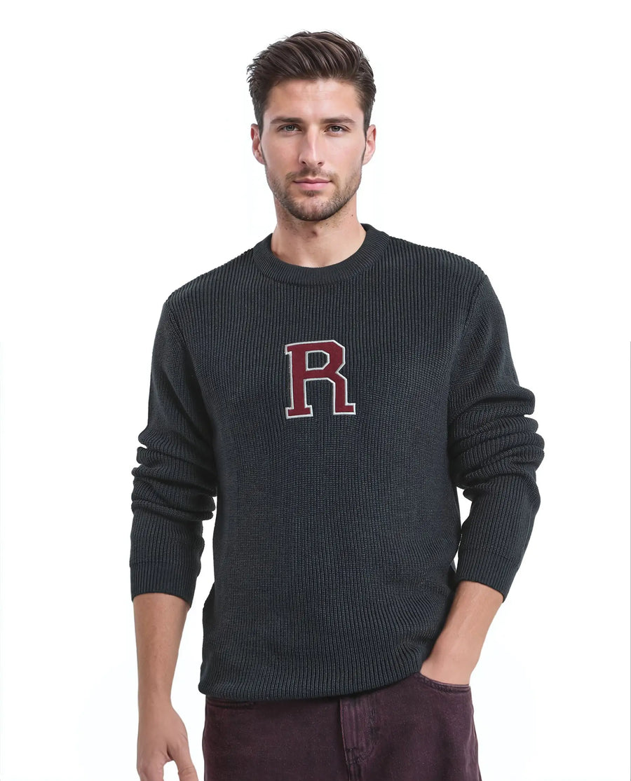Rare Rabbit Men's Kazu Navy Cotton Applique Print Regular Fit Full Sleeve Crew Neck Sweater