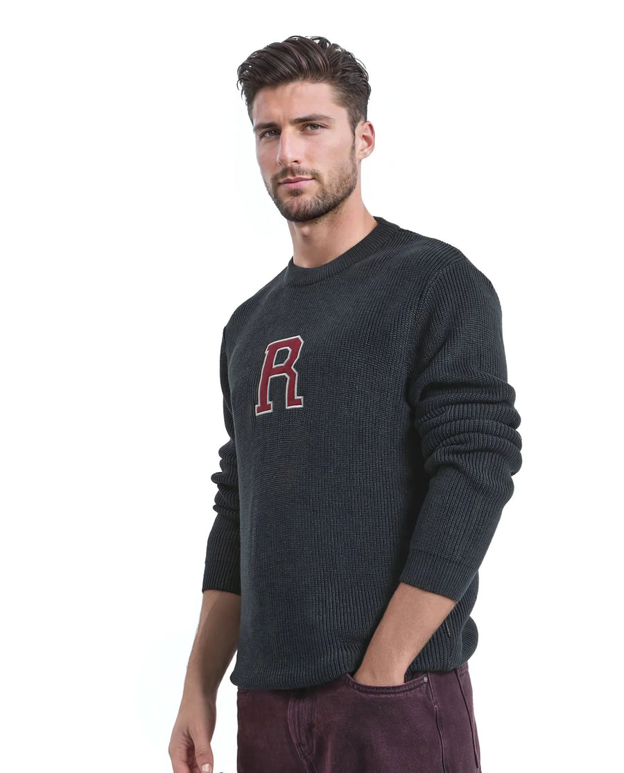 Rare Rabbit Men's Kazu Navy Cotton Applique Print Regular Fit Full Sleeve Crew Neck Sweater