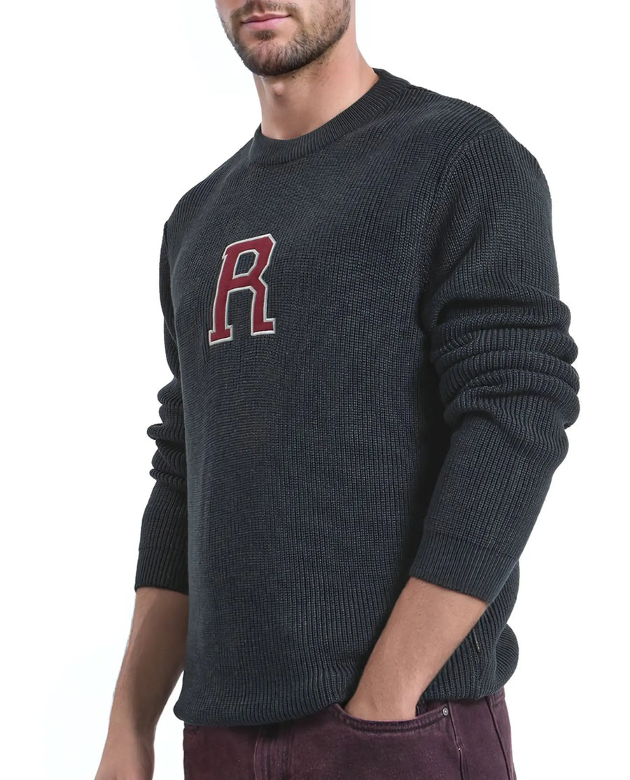 Rare Rabbit Men's Kazu Navy Cotton Applique Print Regular Fit Full Sleeve Crew Neck Sweater