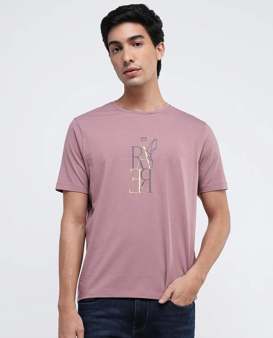 Rare Rabbit Men's Keat Pink Cotton Graphic Print Regular Fit Half Sleeve Crew Neck T-Shirt