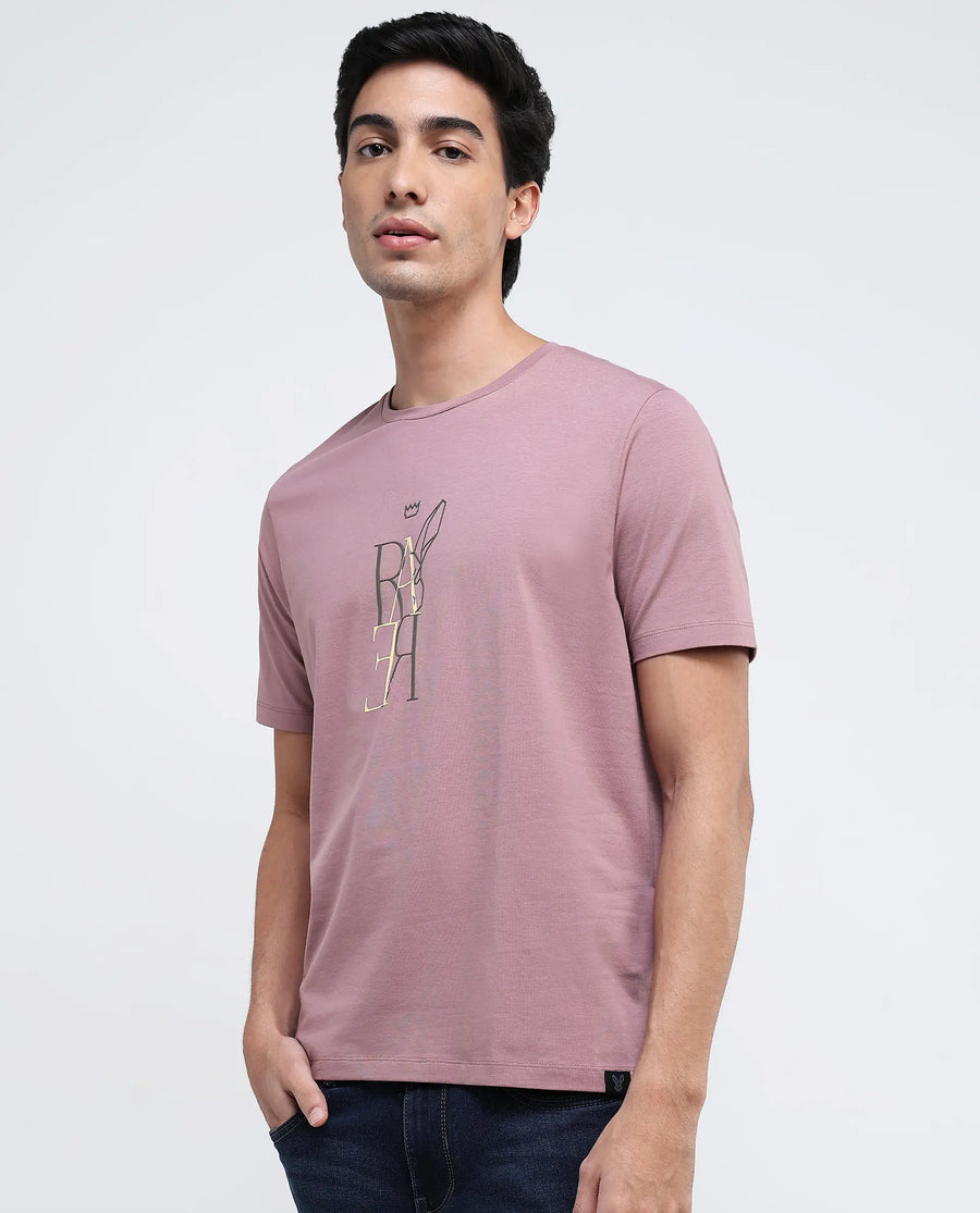 Rare Rabbit Men's Keat Pink Cotton Graphic Print Regular Fit Half Sleeve Crew Neck T-Shirt