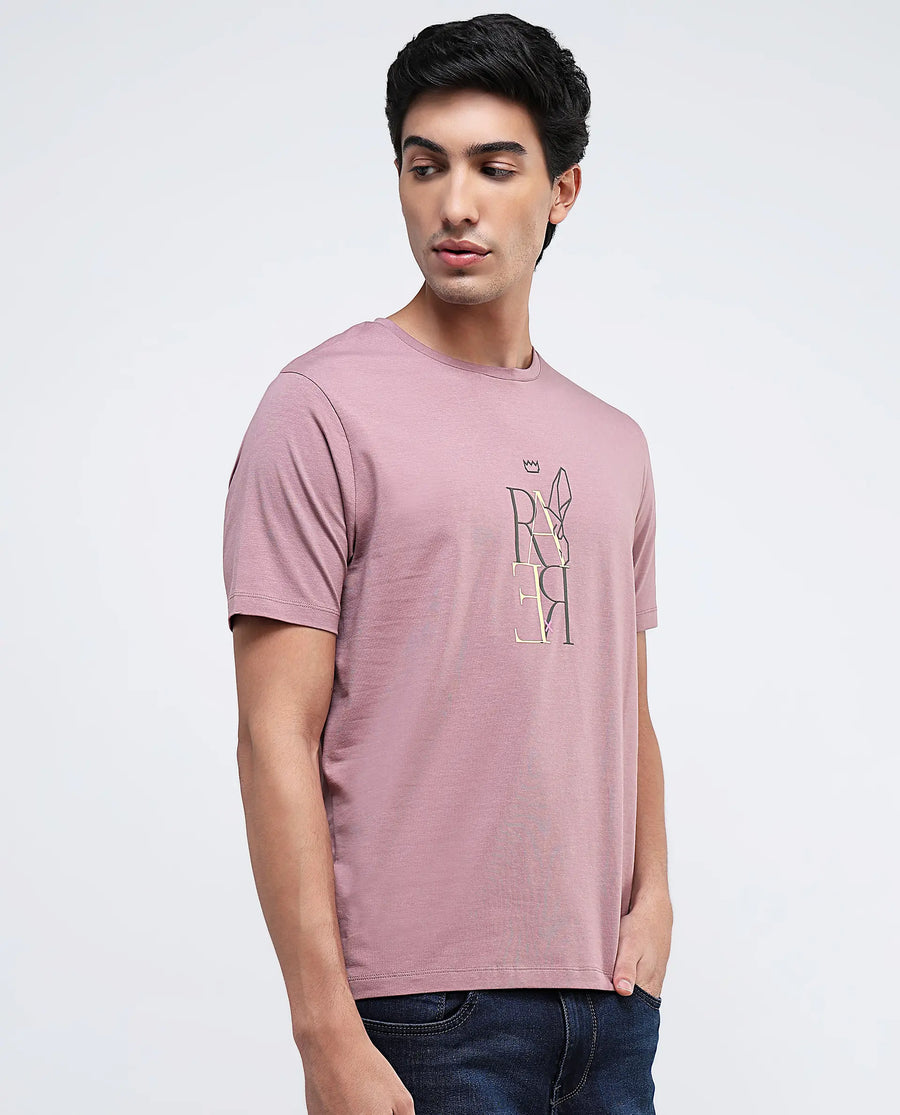 Rare Rabbit Men's Keat Pink Cotton Graphic Print Regular Fit Half Sleeve Crew Neck T-Shirt