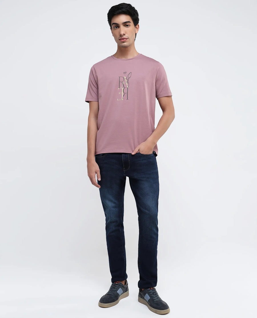 Rare Rabbit Men's Keat Pink Cotton Graphic Print Regular Fit Half Sleeve Crew Neck T-Shirt