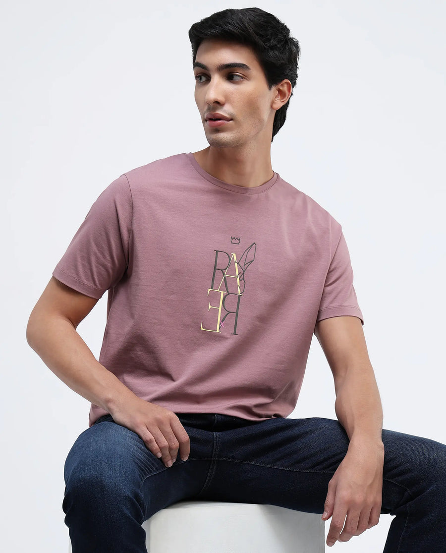 Rare Rabbit Men's Keat Pink Cotton Graphic Print Regular Fit Half Sleeve Crew Neck T-Shirt