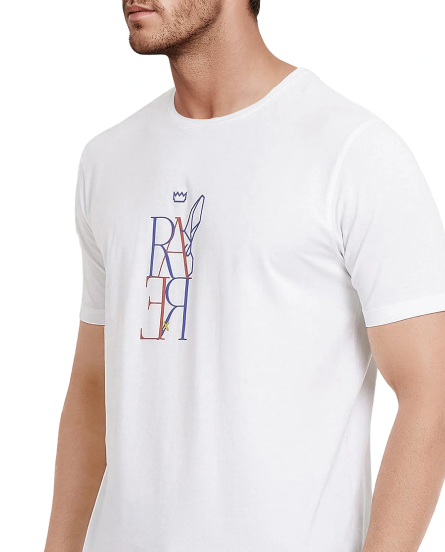 Rare Rabbit Men's Keat White Cotton Graphic Print Regular Fit Half Sleeve Crew Neck T-Shirt