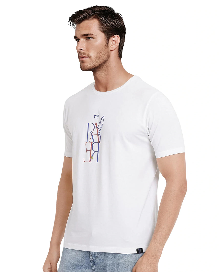 Rare Rabbit Men's Keat White Cotton Graphic Print Regular Fit Half Sleeve Crew Neck T-Shirt