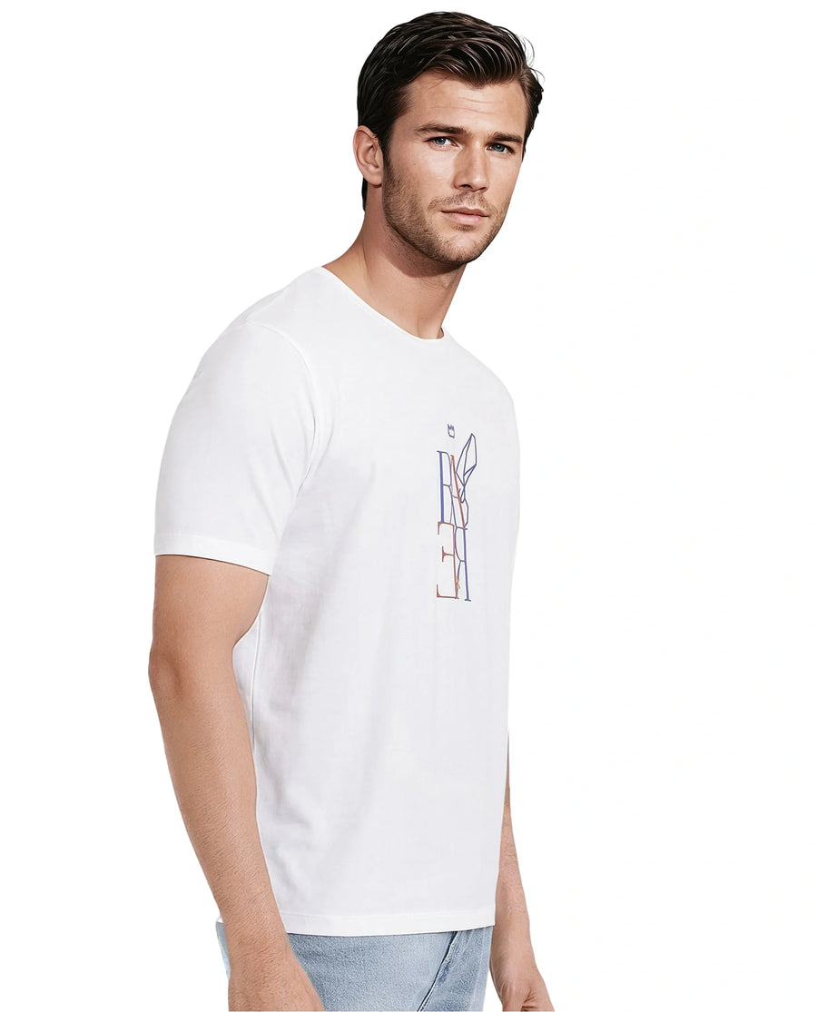 Rare Rabbit Men's Keat White Cotton Graphic Print Regular Fit Half Sleeve Crew Neck T-Shirt