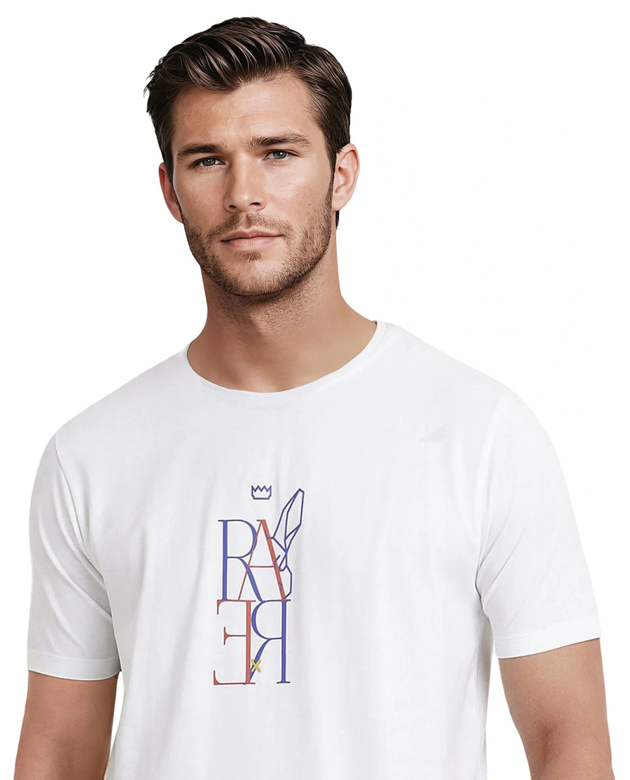Rare Rabbit Men's Keat White Cotton Graphic Print Regular Fit Half Sleeve Crew Neck T-Shirt