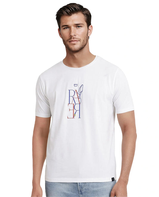 Rare Rabbit Men's Keat White Cotton Graphic Print Regular Fit Half Sleeve Crew Neck T-Shirt