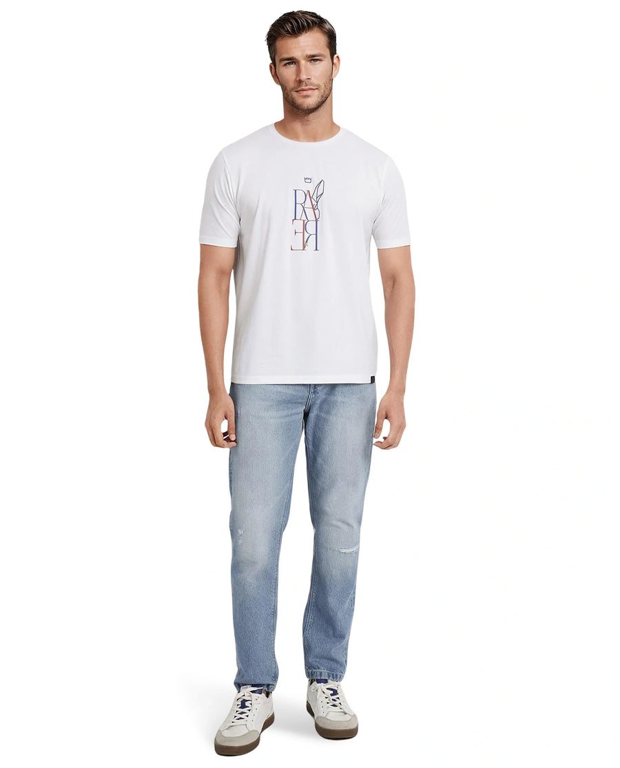 Rare Rabbit Men's Keat White Cotton Graphic Print Regular Fit Half Sleeve Crew Neck T-Shirt