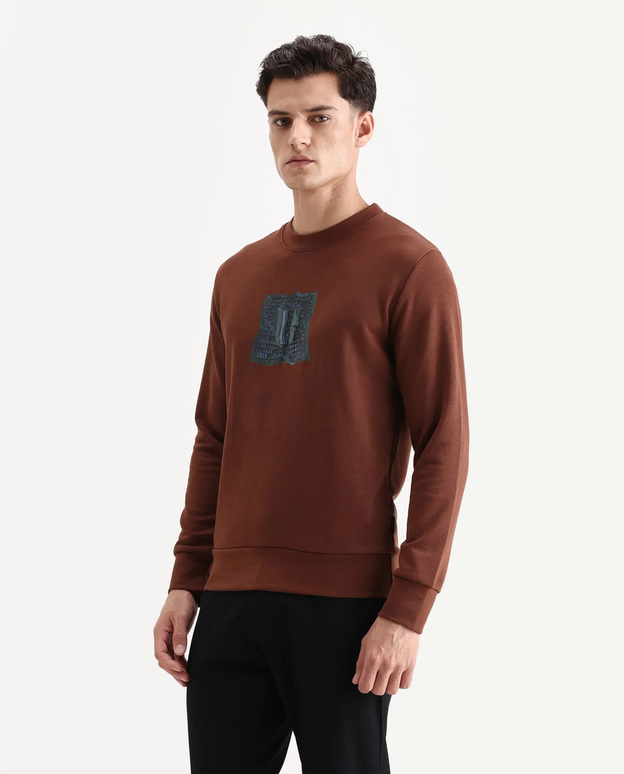Rare Rabbit Men's Kel Dark Brown Cotton Blend Graphic Print Regular Fit Full Sleeve Crew Neck Sweatshirt