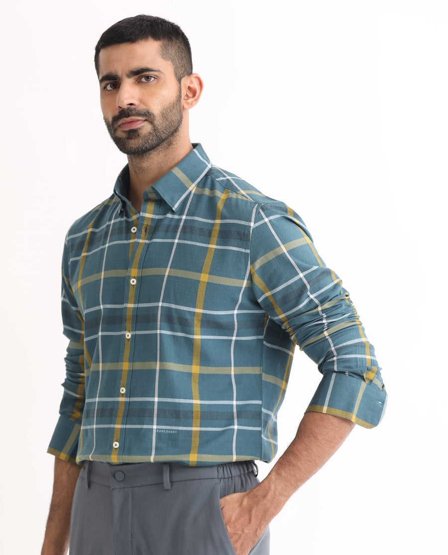 Rare Rabbit Men's Keller Navy Cotton Checked Print Regular Fit Full Sleeve Collared Shirt