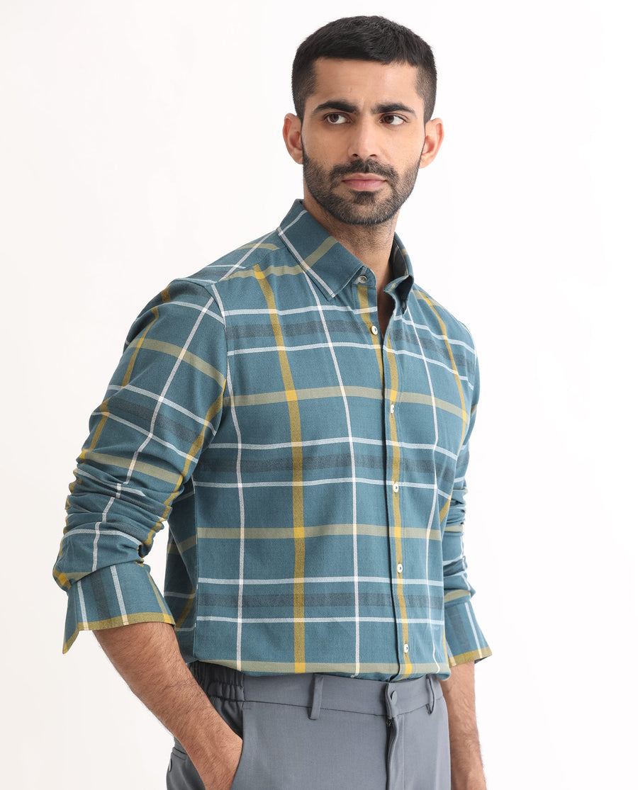 Rare Rabbit Men's Keller Navy Cotton Checked Print Regular Fit Full Sleeve Collared Shirt
