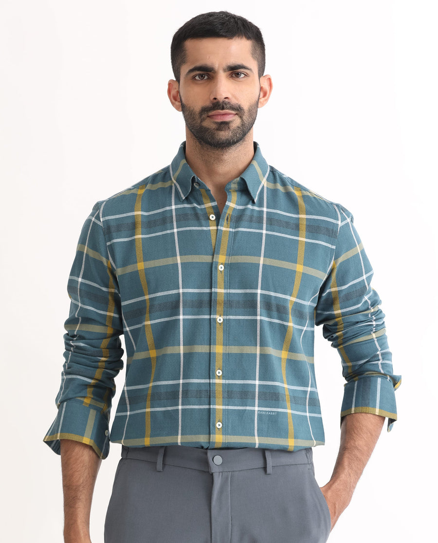 Rare Rabbit Men's Keller Navy Cotton Checked Print Regular Fit Full Sleeve Collared Shirt
