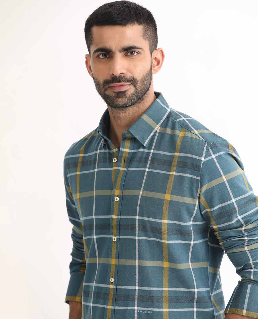 Rare Rabbit Men's Keller Navy Cotton Checked Print Regular Fit Full Sleeve Collared Shirt