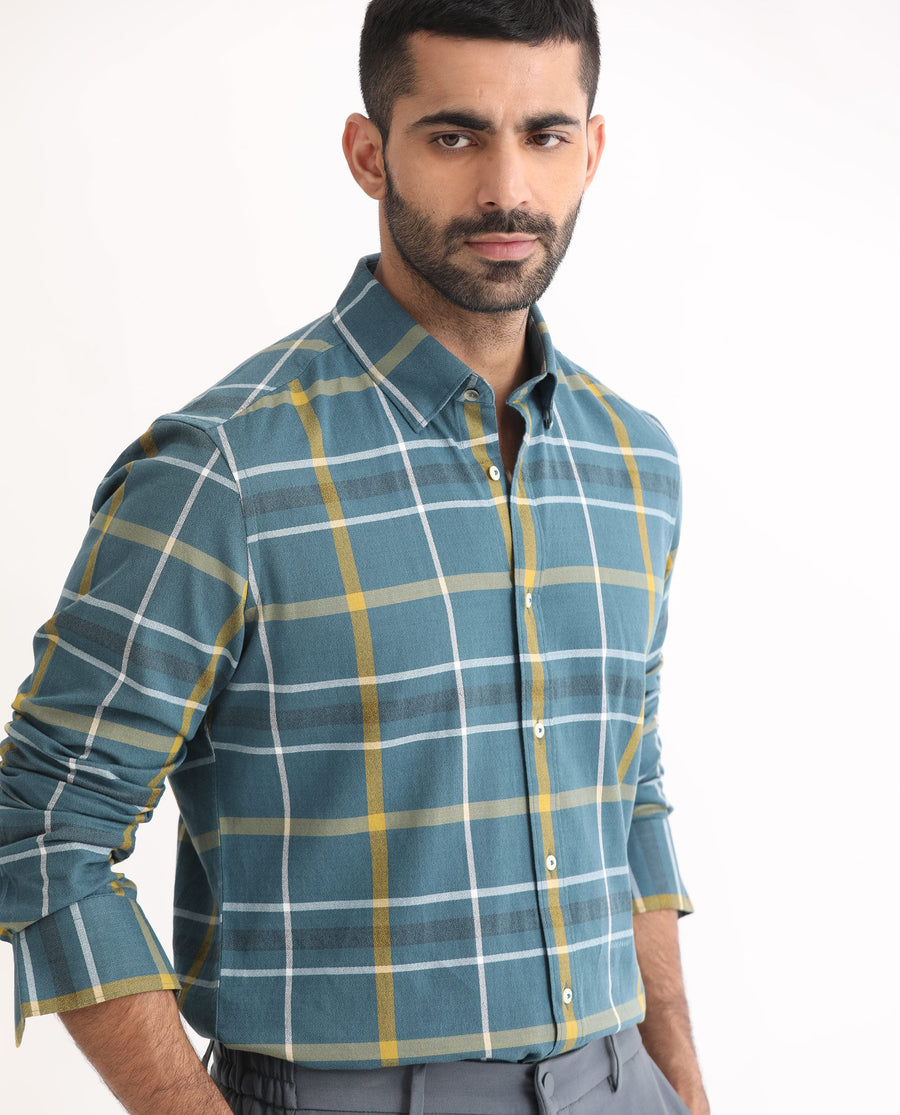 Rare Rabbit Men's Keller Navy Cotton Checked Print Regular Fit Full Sleeve Collared Shirt