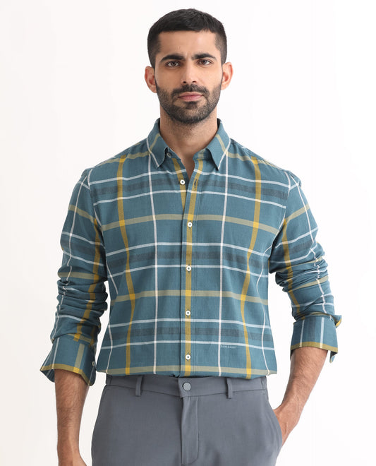 Rare Rabbit Men's Keller Navy Cotton Checked Print Regular Fit Full Sleeve Collared Shirt