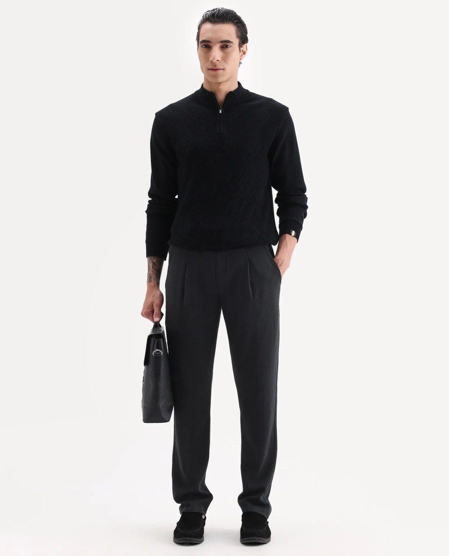 Rare Rabbit Men's Kelo Black Cotton Blend Plain Regular Fit Trouser