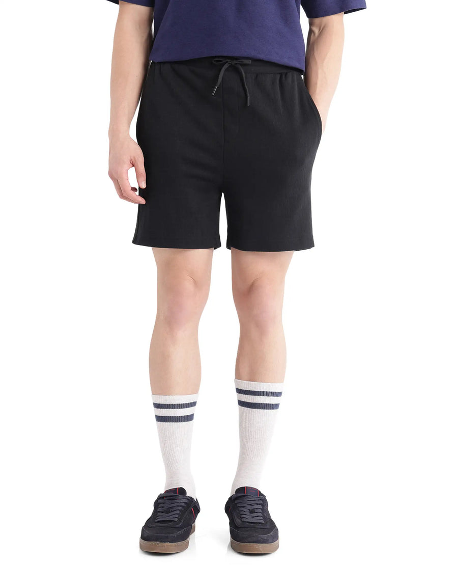 Rare Rabbit Men's Kelor Black Cotton Blend Plain Regular Fit Shorts