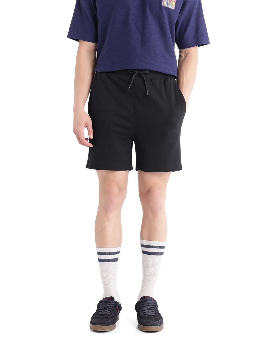 Rare Rabbit Men's Kelor Black Cotton Blend Plain Regular Fit Shorts