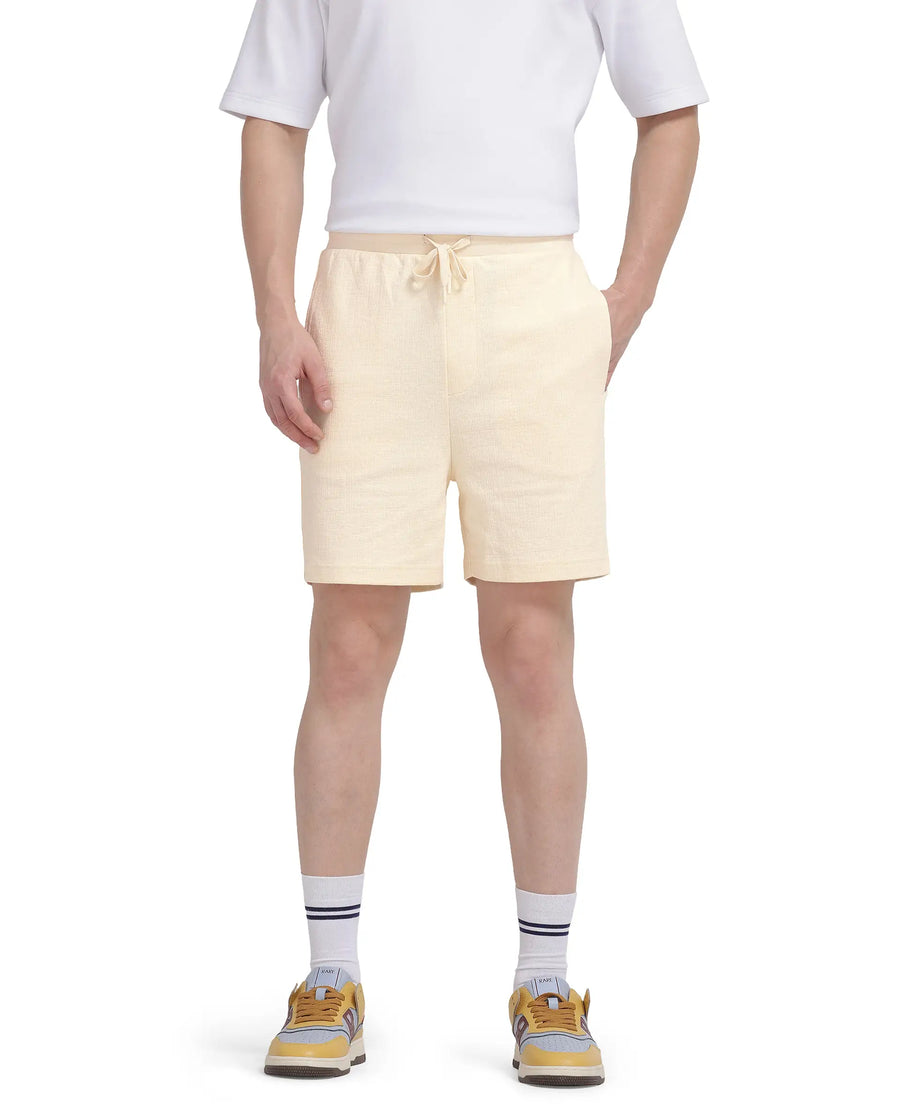 Rare Rabbit Men's Kelor Pastel Yellow Cotton Blend Plain Regular Fit Shorts