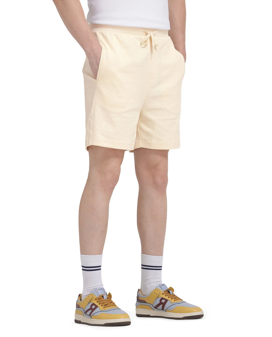 Rare Rabbit Men's Kelor Pastel Yellow Cotton Blend Plain Regular Fit Shorts