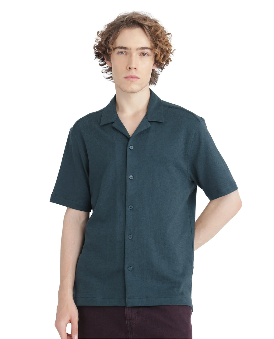 Rare Rabbit Men's Kelos-Ss Dark Green Cotton Blend Plain Boxy Fit Half Sleeve Cuban Collar Shirt