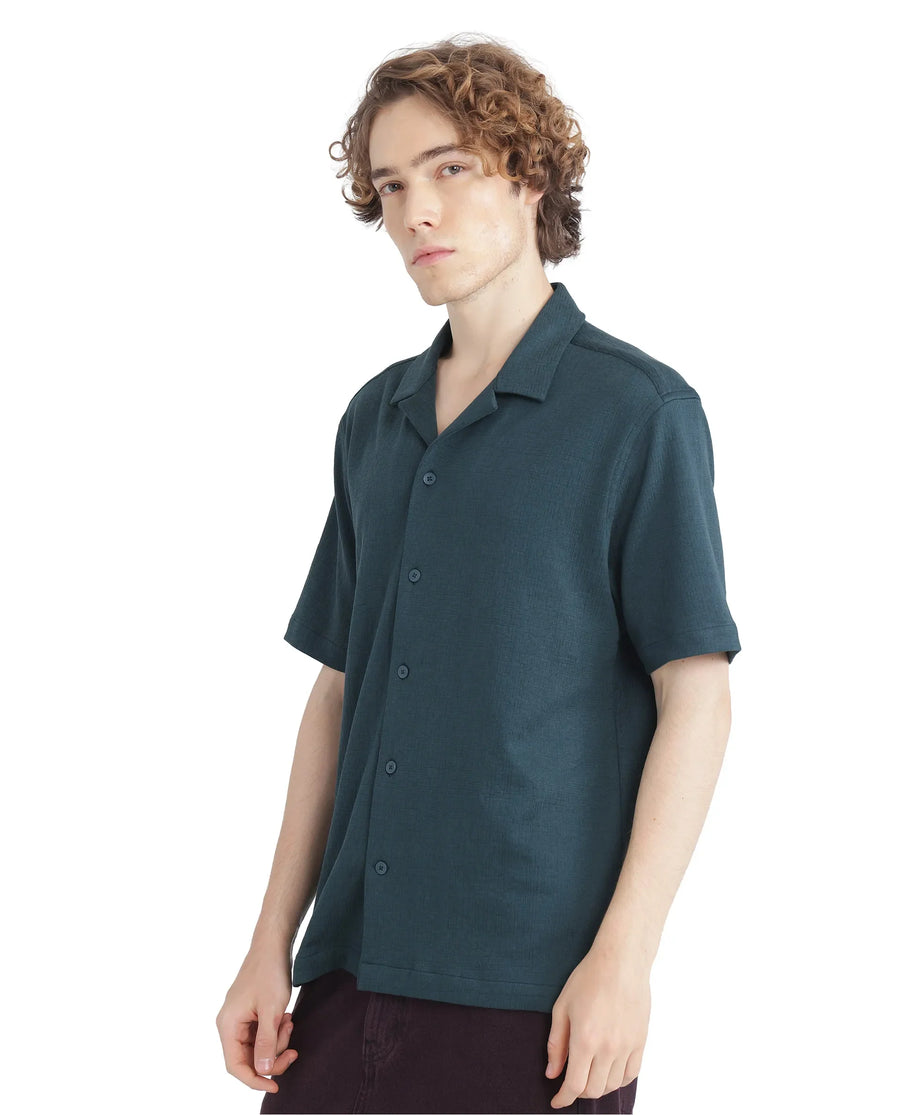 Rare Rabbit Men's Kelos-Ss Dark Green Cotton Blend Plain Boxy Fit Half Sleeve Cuban Collar Shirt