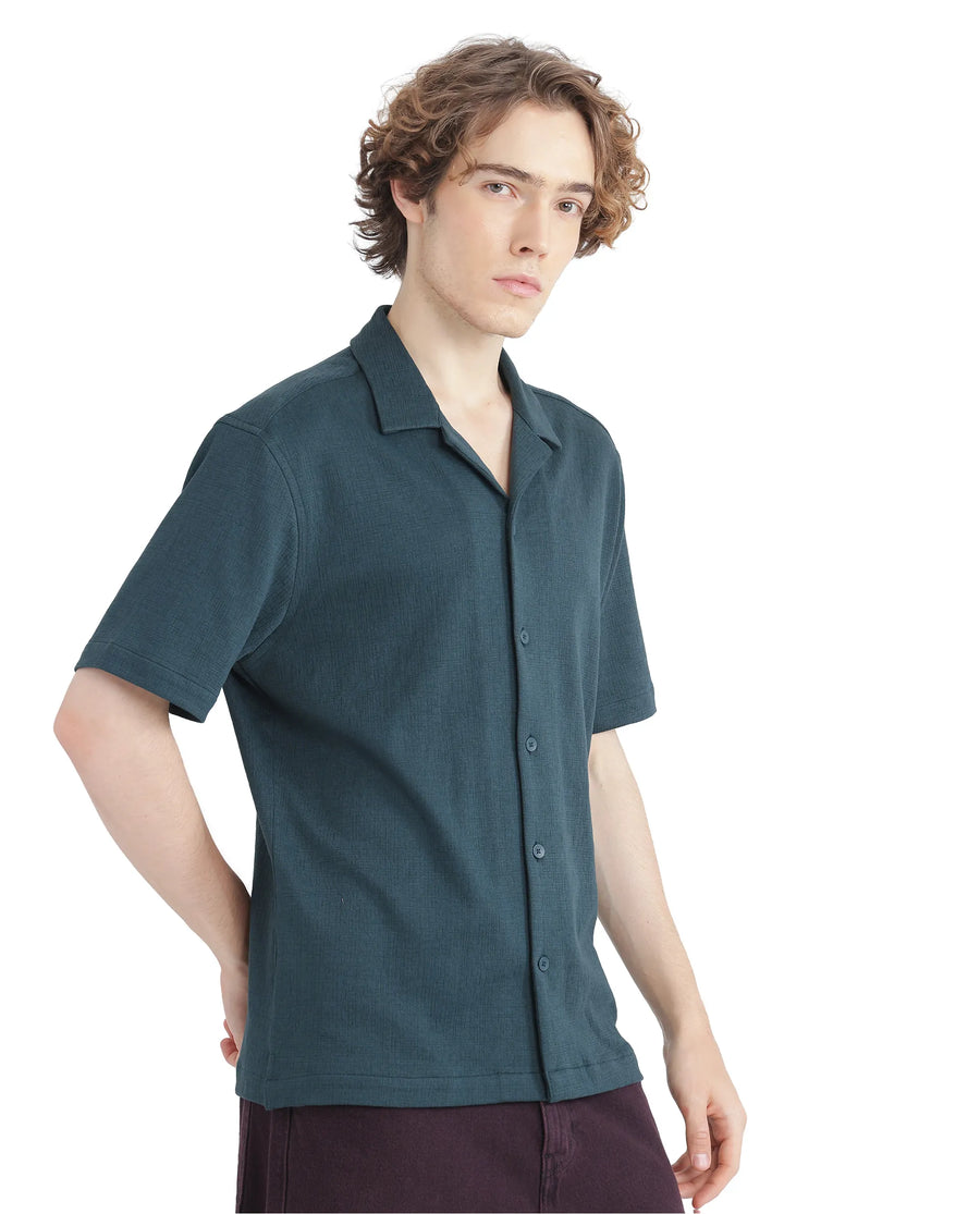 Rare Rabbit Men's Kelos-Ss Dark Green Cotton Blend Plain Boxy Fit Half Sleeve Cuban Collar Shirt