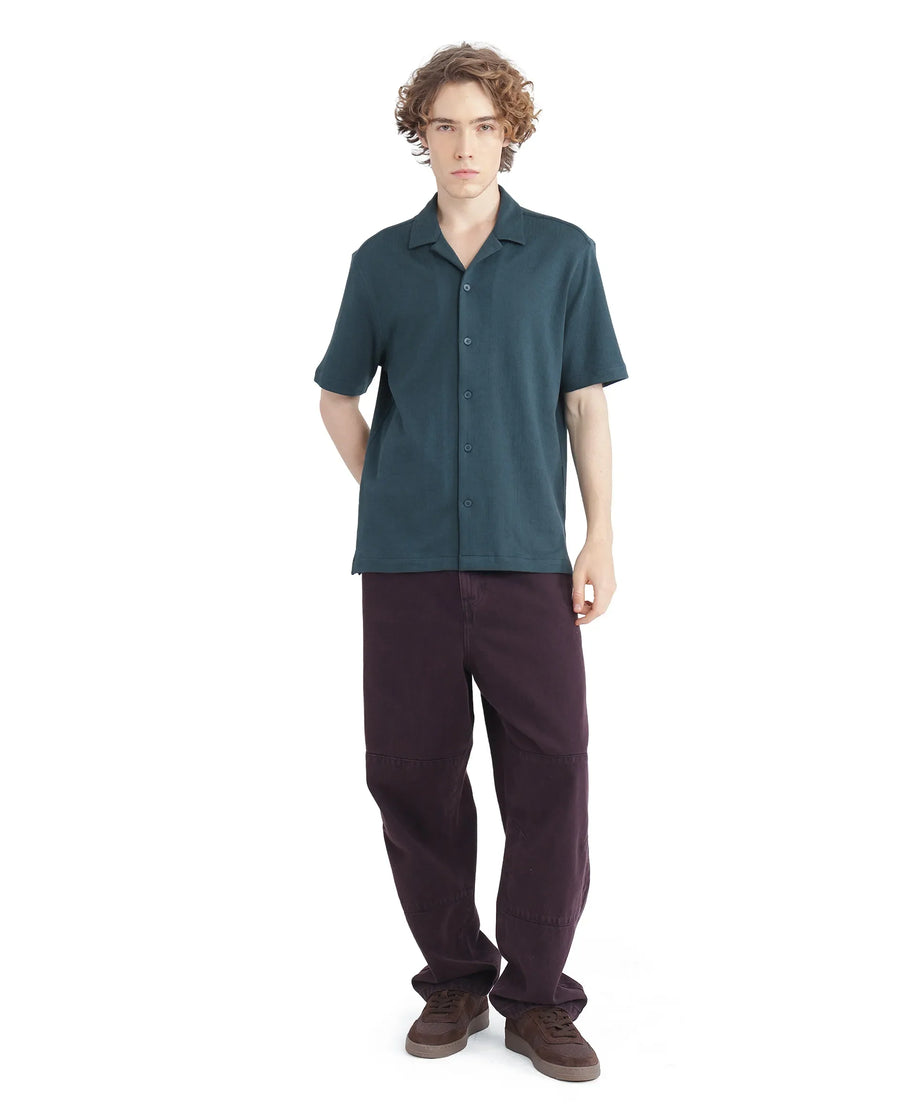 Rare Rabbit Men's Kelos-Ss Dark Green Cotton Blend Plain Boxy Fit Half Sleeve Cuban Collar Shirt
