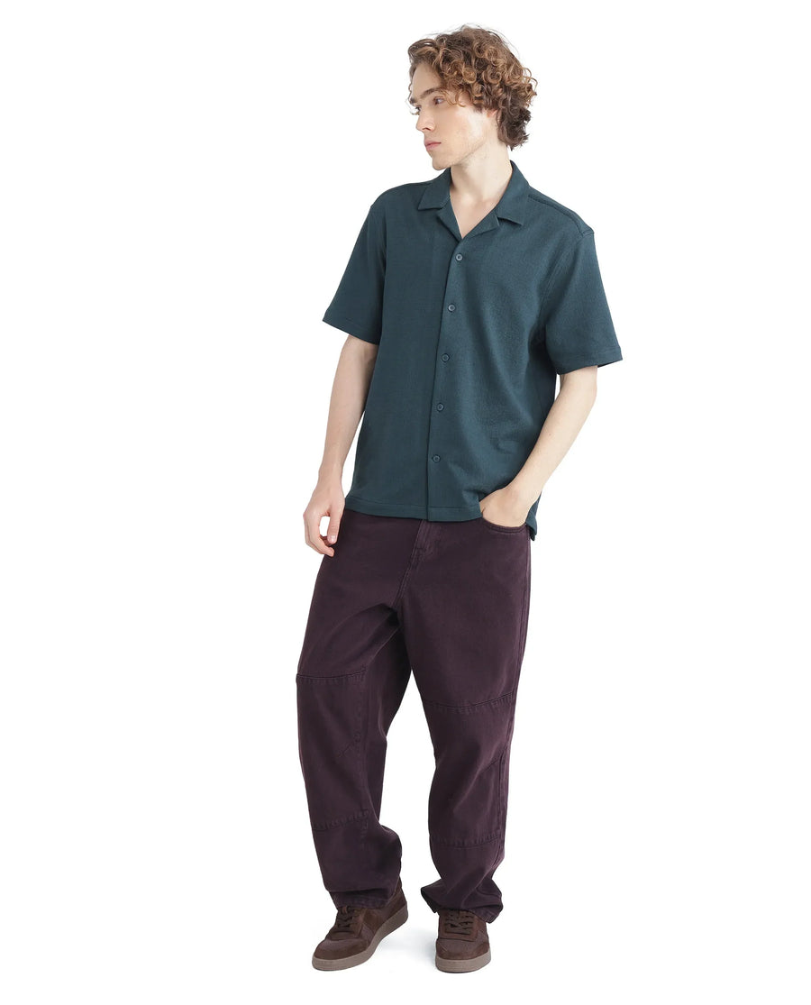 Rare Rabbit Men's Kelos-Ss Dark Green Cotton Blend Plain Boxy Fit Half Sleeve Cuban Collar Shirt