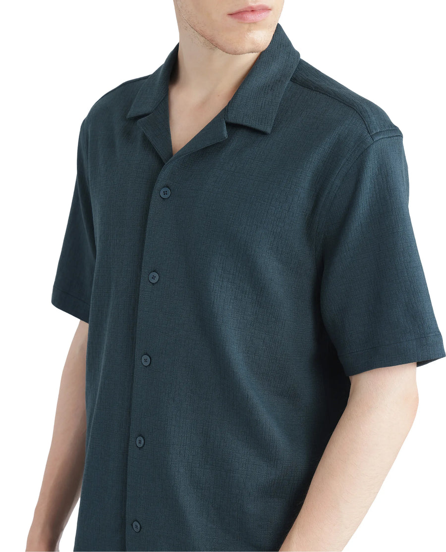 Rare Rabbit Men's Kelos-Ss Dark Green Cotton Blend Plain Boxy Fit Half Sleeve Cuban Collar Shirt
