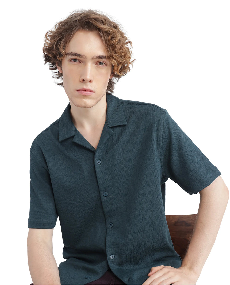 Rare Rabbit Men's Kelos-Ss Dark Green Cotton Blend Plain Boxy Fit Half Sleeve Cuban Collar Shirt