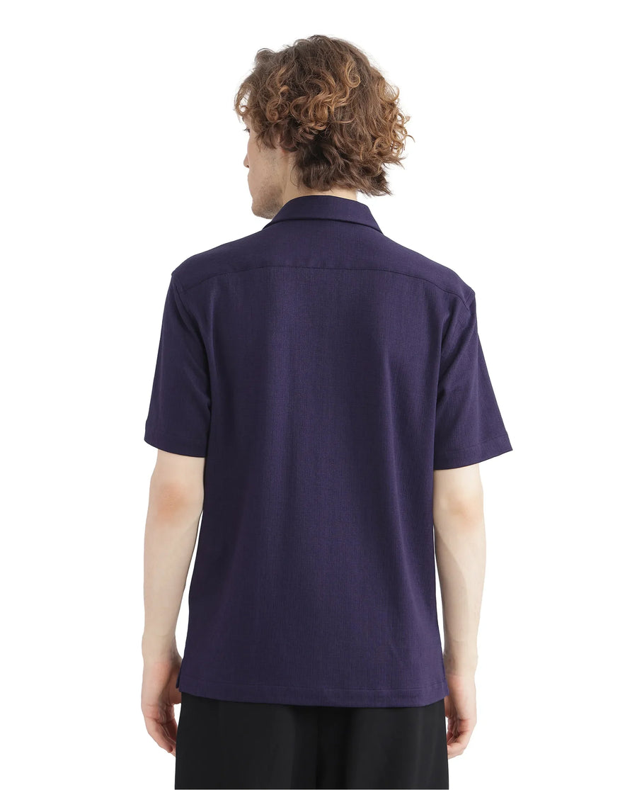 Rare Rabbit Men's Kelos-Ss Dark Purple Cotton Blend Plain Boxy Fit Half Sleeve Cuban Collar Shirt