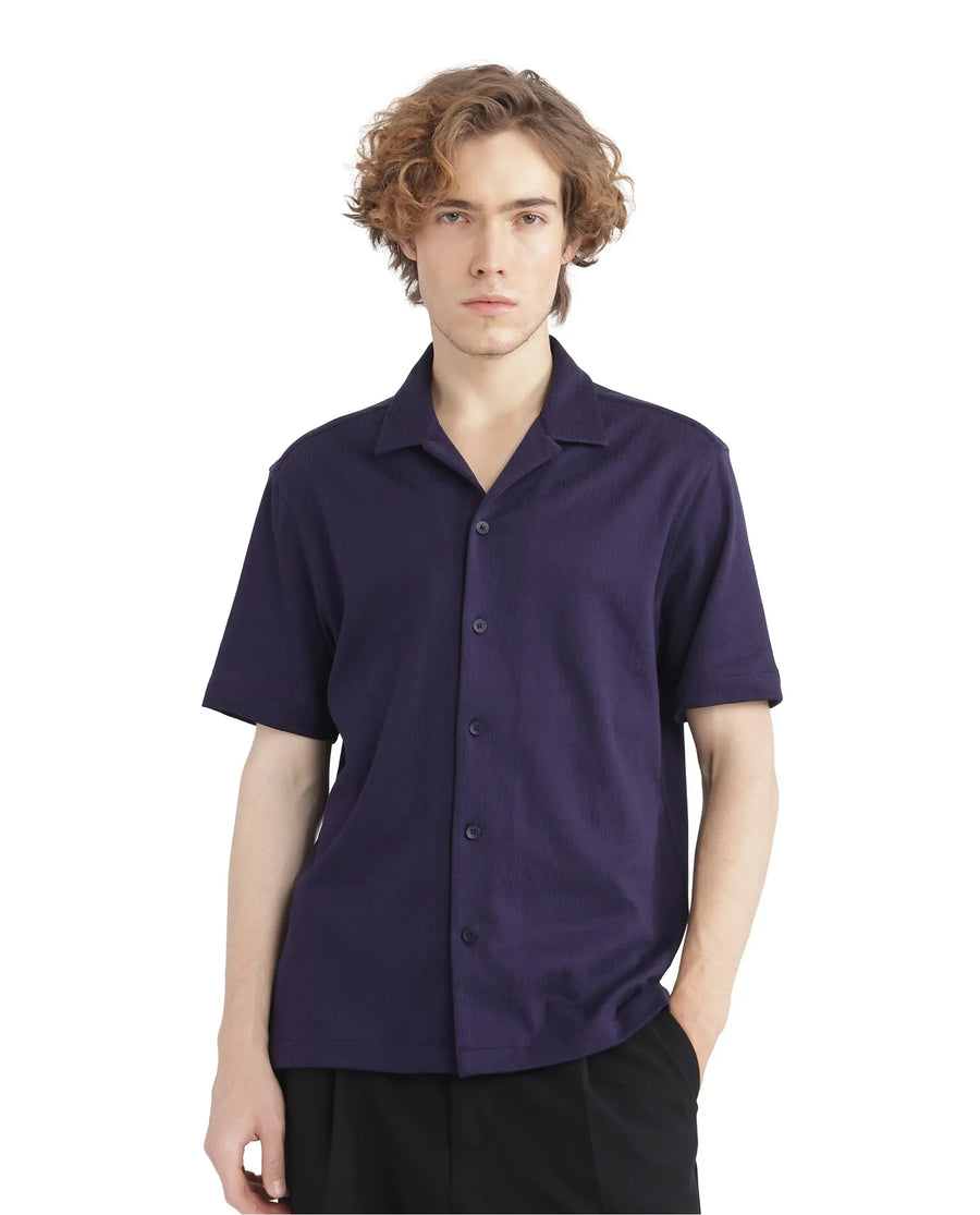 Rare Rabbit Men's Kelos-Ss Dark Purple Cotton Blend Plain Boxy Fit Half Sleeve Cuban Collar Shirt