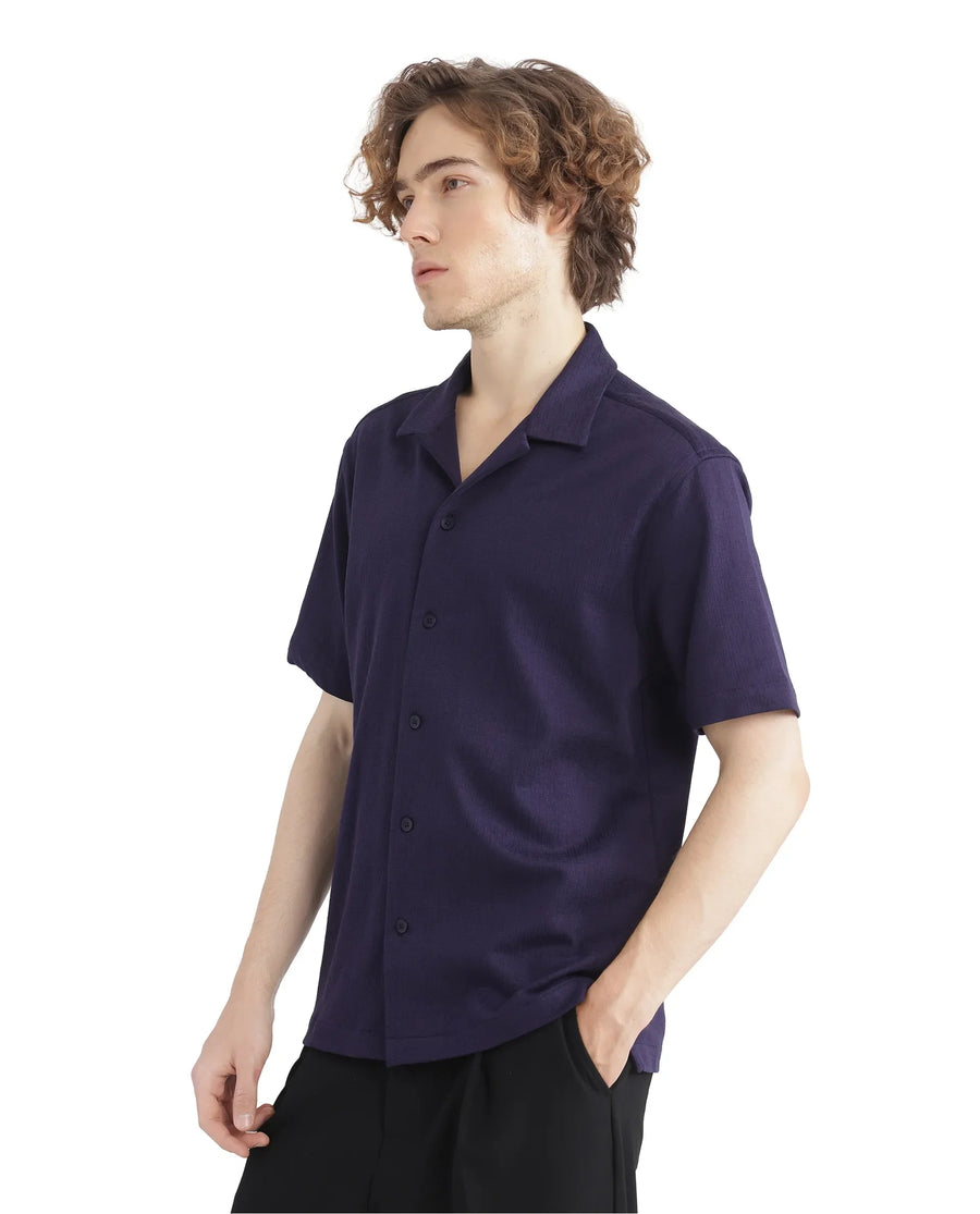 Rare Rabbit Men's Kelos-Ss Dark Purple Cotton Blend Plain Boxy Fit Half Sleeve Cuban Collar Shirt