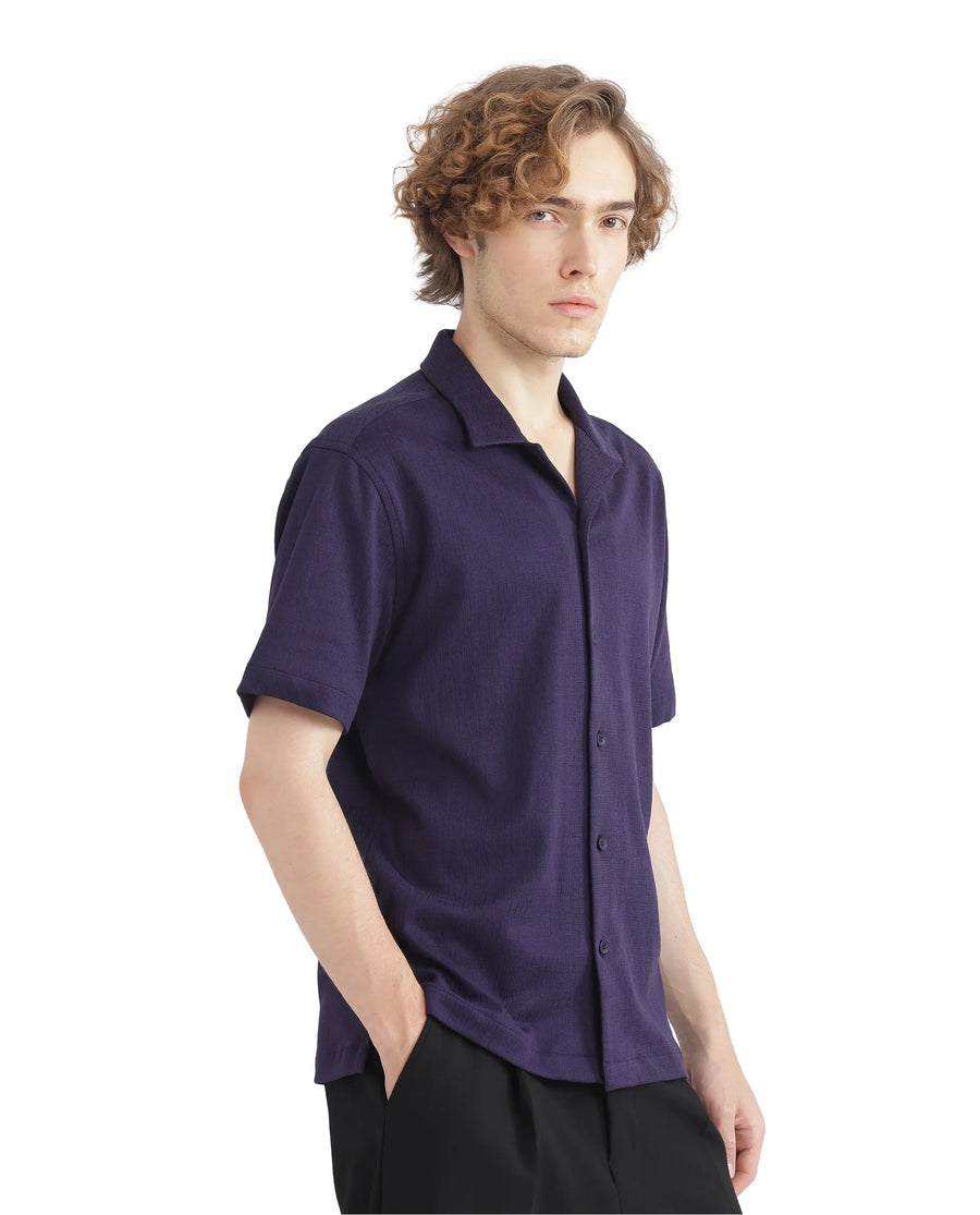 Rare Rabbit Men's Kelos-Ss Dark Purple Cotton Blend Plain Boxy Fit Half Sleeve Cuban Collar Shirt