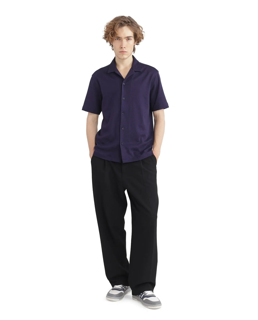 Rare Rabbit Men's Kelos-Ss Dark Purple Cotton Blend Plain Boxy Fit Half Sleeve Cuban Collar Shirt