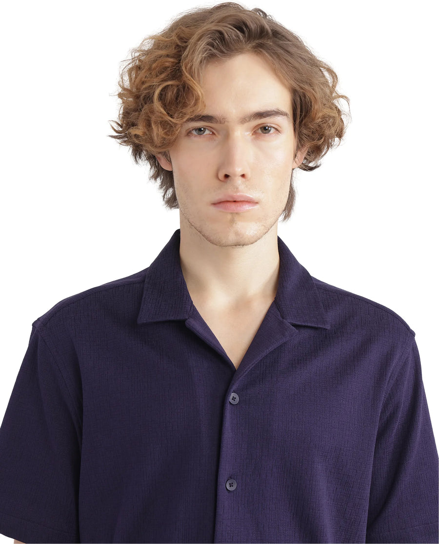 Rare Rabbit Men's Kelos-Ss Dark Purple Cotton Blend Plain Boxy Fit Half Sleeve Cuban Collar Shirt