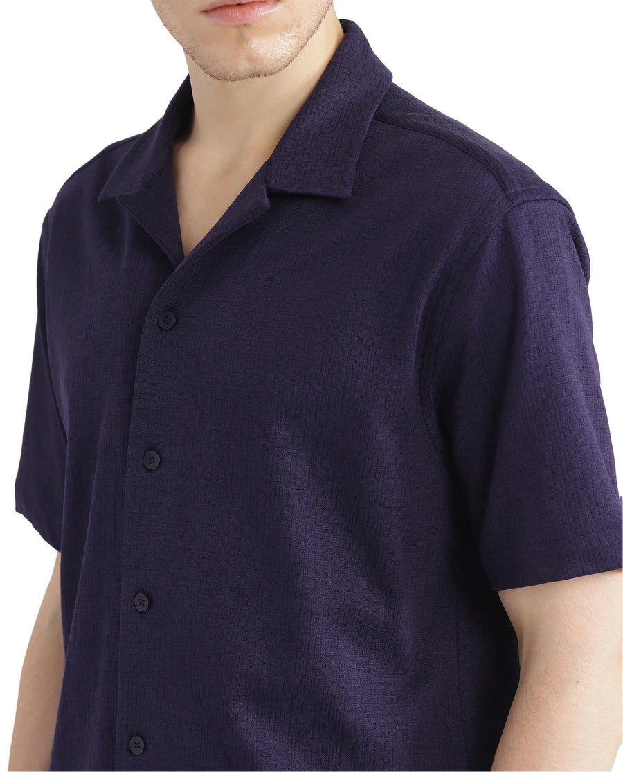 Rare Rabbit Men's Kelos-Ss Dark Purple Cotton Blend Plain Boxy Fit Half Sleeve Cuban Collar Shirt