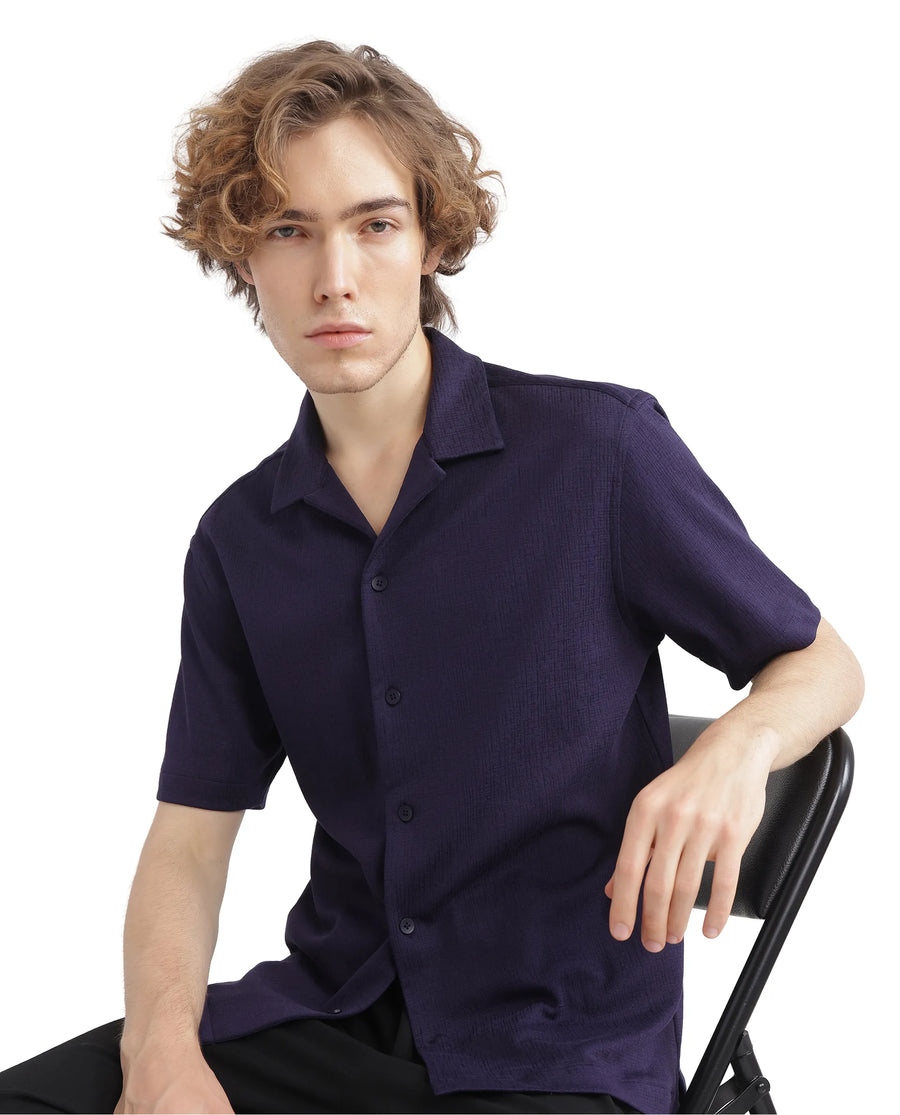 Rare Rabbit Men's Kelos-Ss Dark Purple Cotton Blend Plain Boxy Fit Half Sleeve Cuban Collar Shirt
