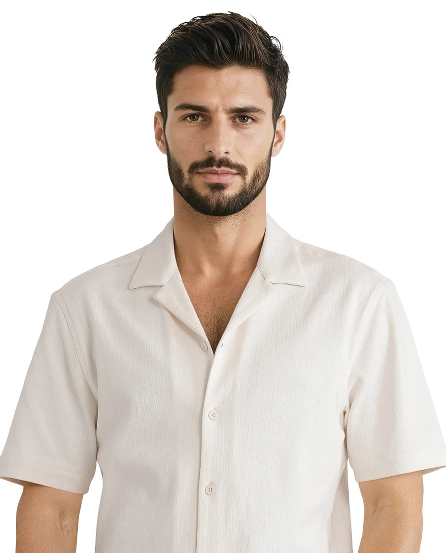 Rare Rabbit Men's Kelos Ss Off White Cotton Blend Plain Boxy Fit Half Sleeve Cuban Collar Shirt